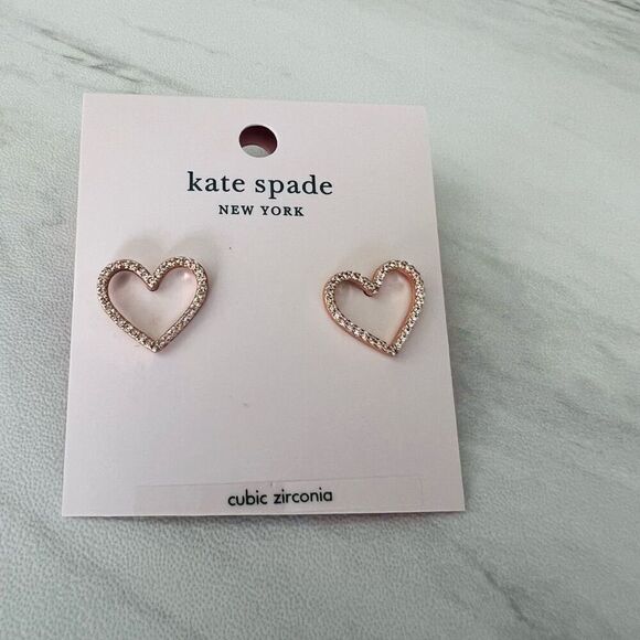 KATE SPADE NEW YORK Pave‎ Heart Stud Earrings, Rose Gold/Diamond Crystal, NWT - Picture 13 of 13
